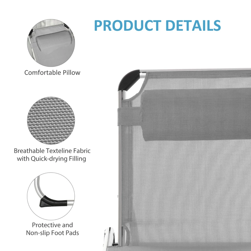 Best Foldable Reclining Sun Lounger Lounge Chair Camping Bed Cot w/ Pillow 4-Level Adjustable Back Aluminium Frame Grey - Image 6