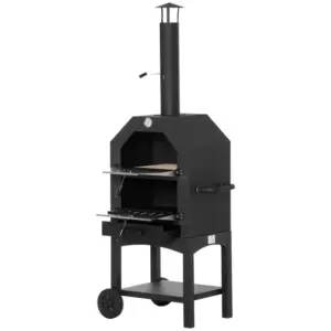 Best Outdoor Garden Pizza Oven Charcoal BBQ Grill 3-Tier Freestanding w/ Chimney, Mesh Shelf, Thermometer Handles, Wheels Garden Party Gathering Stainless Steel Cooker
