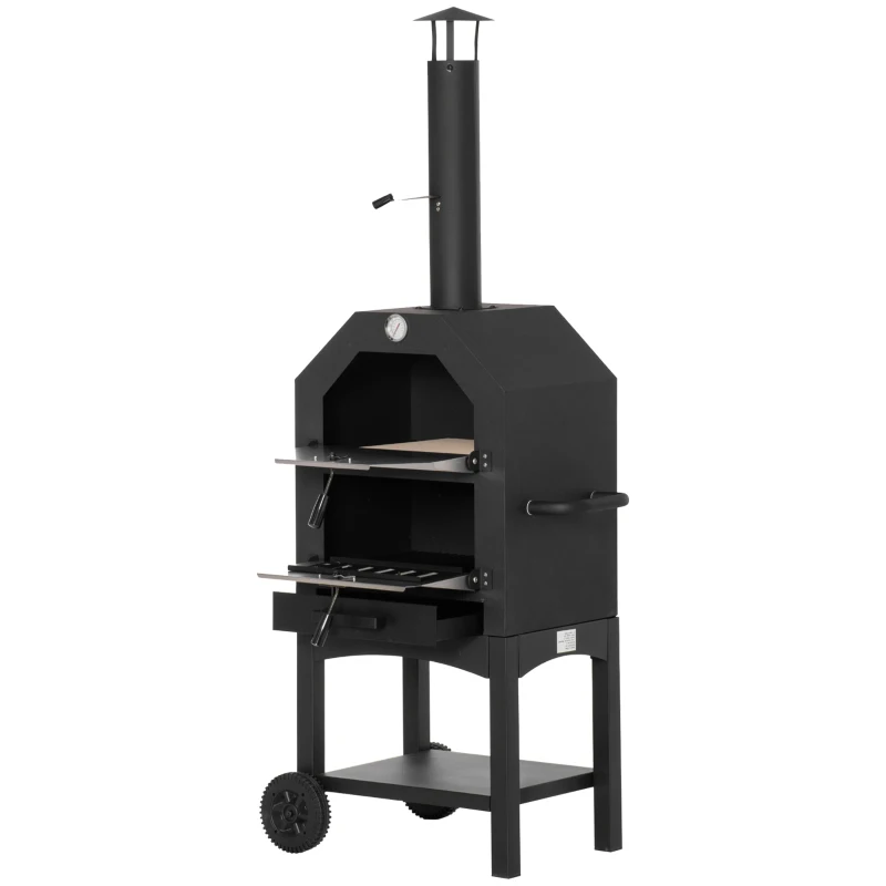 Best Outdoor Garden Pizza Oven Charcoal BBQ Grill 3-Tier Freestanding w/ Chimney, Mesh Shelf, Thermometer Handles, Wheels Garden Party Gathering Stainless Steel Cooker