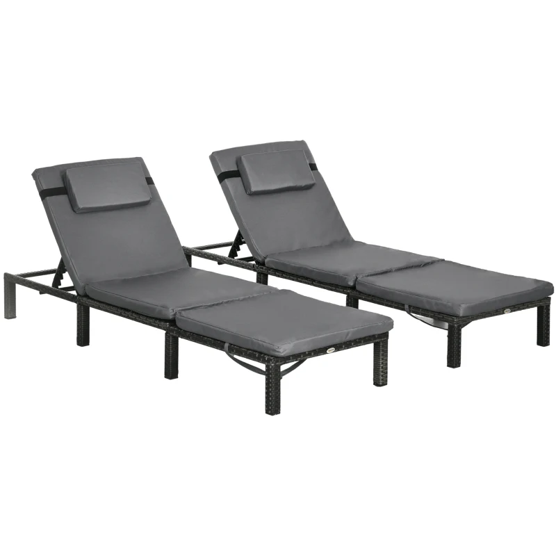 Best Set of Two Reclining Rattan Sun Loungers, with Cushions - Grey