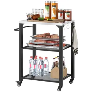 Best Three-Shelf Outdoor Grill Cart with Stainless Steel Top, Outdoor Kitchen Island with 4 Wheels, 3 Hooks, Movable Food Prep Pizza Oven Table for Kitchen, Patio, Garden, 65.5 x 41 x 79 cm