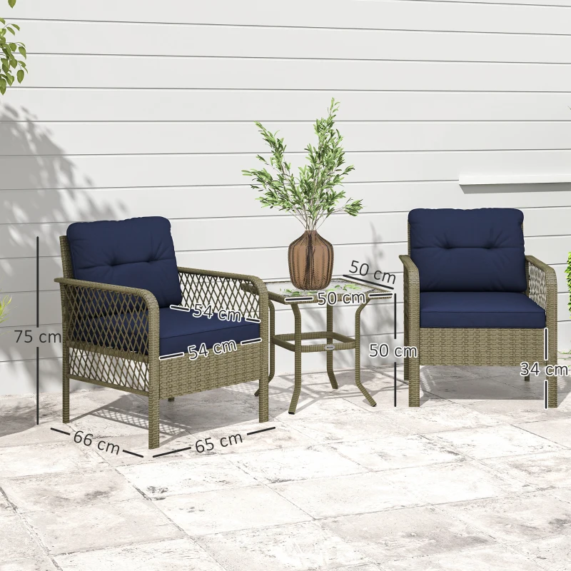 Best 3 Pieces Rattan Bistro Set with Glass Top Coffee Table, Chairs and Cushions for Outdoor, Patio, Balcony, Charcoal Grey - Image 3