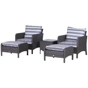 Best 5 Pieces PE Rattan Garden Furniture Set with 10cm Thick Padded Cushions, Wicker Weave Outdoor Seating Chairs with 2 Armchairs, 2 Stools, Glass Top Table, Dark Grey