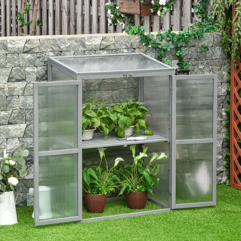 Best Wooden Cold Frame Greenhouse Polycarbonate Garden Grow House for Flower Vegetable Plants with Adjustable Shelf, Double Doors, 76 x 47 x 110cm, Light Grey - Image 2