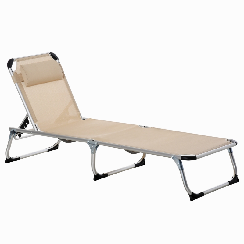Best Foldable Outdoor Sun Lounger, Reclining Lounge Chair Camping Bed Cot with Pillow 4-Level Adjustable Back Aluminium Frame, Khaki - Image 11