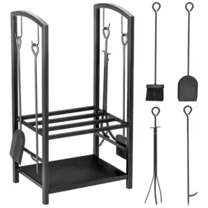 Best Metal Firewood Log Holder 2 Layer Firewood Rack Indoor Outdoor Fireplace Wood Storage Shelf with 4 Tools and Hooks, Black, 40L x 30W x 74.5H cm
