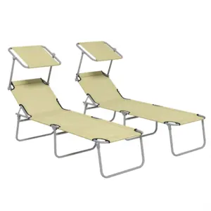 Best Outdoor Foldable Sun Lounger Set of 2, 4 Level Adjustable Backrest Reclining Sun Lounger Chair with Angle Adjust Sun Shade Awning for Beach, Garden, Patio, Beige