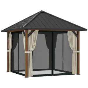 Best 3 x 3(m) Hardtop Gazebo with Galvanised Steel Roof and Water Gutter, Waterproof Permanent Pavilion Garden Gazebo with Netting and Curtains for Patio, Deck, Walnut Wood Finish