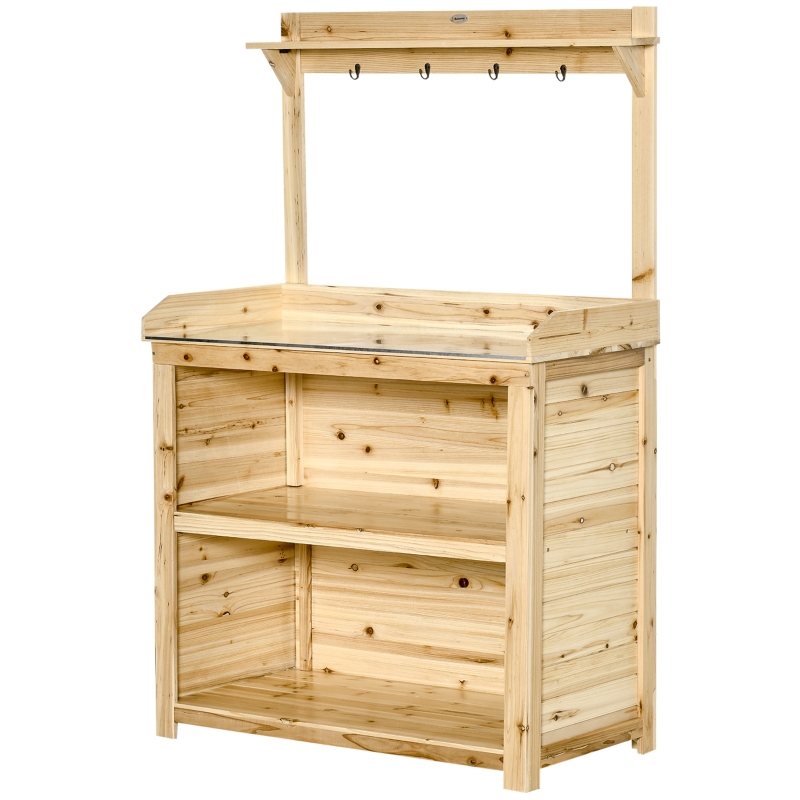 Best Garden Potting Bench Table, Wooden Workstation Bench w/ Galvanized Metal Tabletop, Storage Shelves and Hooks, Natural - Image 12