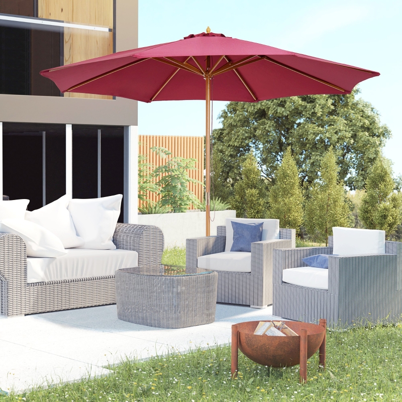 Best 3(m) Garden Parasol, Pulley Operated Patio Umbrella, Wooden Table Market Umbrella with Rope Pulley Mechanism and 8 Ribs, Wine Red - Image 12