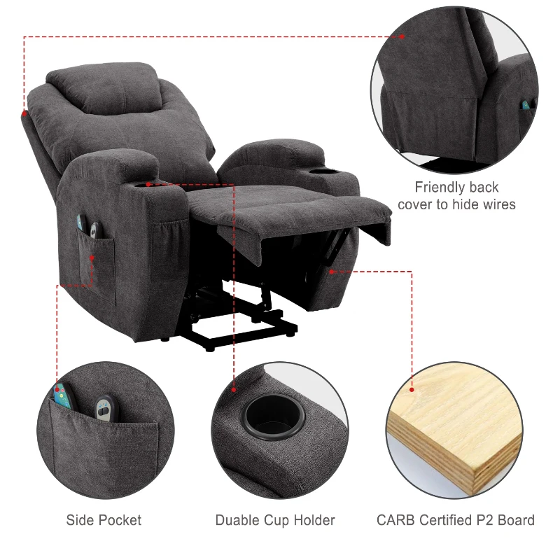 Power Lift Electric Recliner Chair with Massage, Heating, Cup Holders and Side Pockets, Recliner Armchair for Elderly, 81x73x105 cm, Grey - Image 6