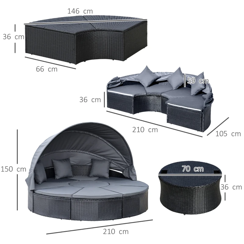 Best 4 Pieces PE Rattan Garden Daybed Set, Outdoor Wicker Cushioned Round Sofa Bed Conversation Furniture with Coffee Table & Canopy, Black - Image 3