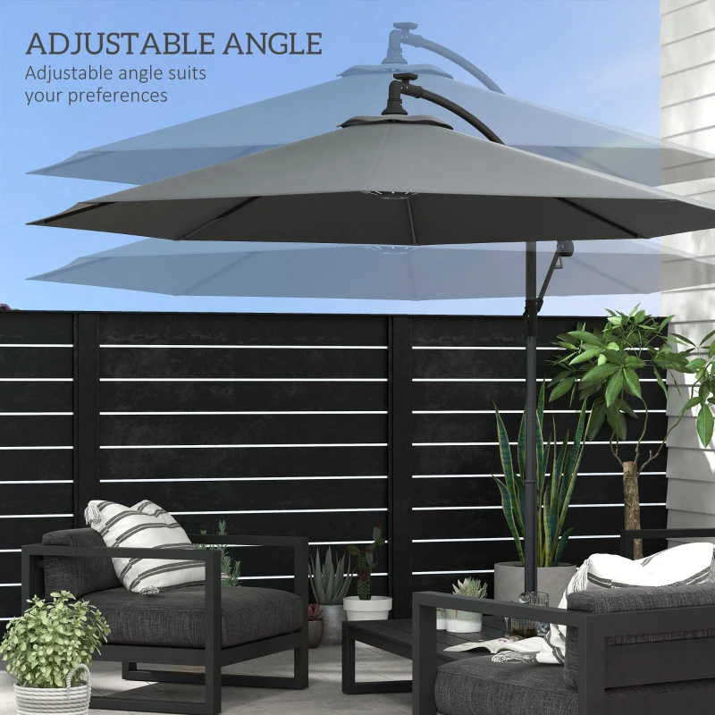 Best 3(m) Cantilever Parasol with Solar LED Lights, Garden Umbrella with Cross Base and Crank Handle, Hanging Offset Banana Sun Shade for Outdoor, Patio, Grey - Image 5
