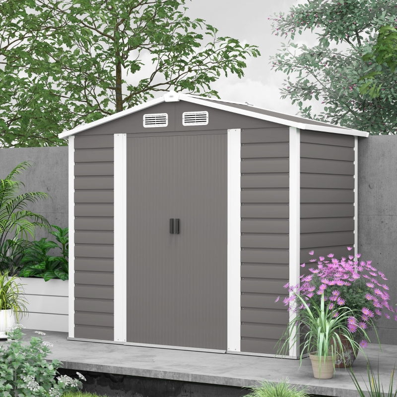 Best 7 x 4ft Garden Shed, Easy to Assemble, Upgraded Galvanised Steel Frame with Foundation Kit, Double Doors with Lock, Outdoor Metal Shed with Vents and Gloves, Garden Storage Shed, Light Grey - Image 9