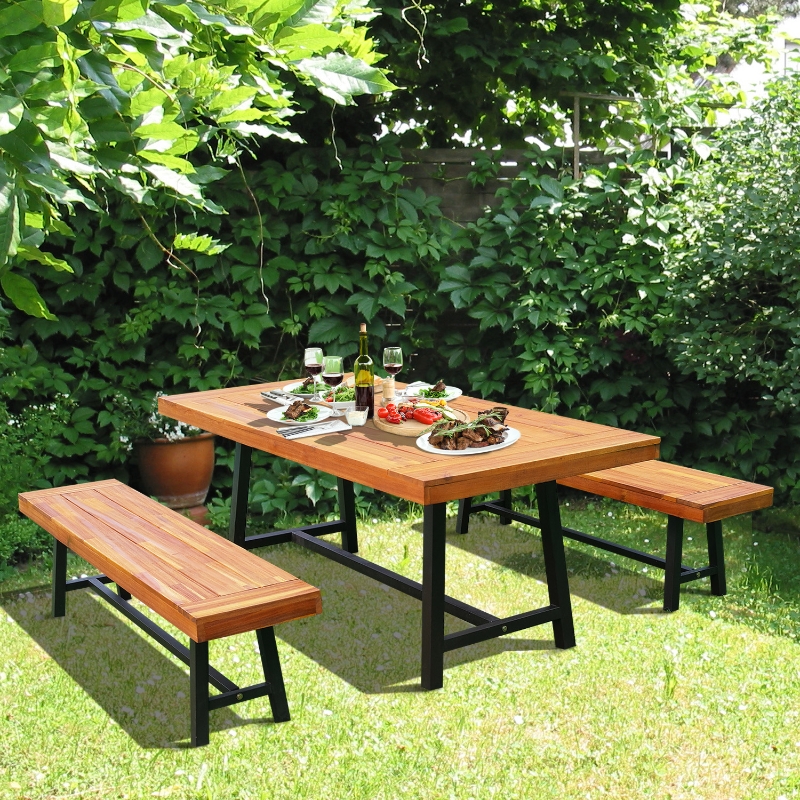 Best Garden 3 Pieces Acacia Wood Picnic Table and 2 Benches Set Dining Trestle Beer Table Patio Outdoor Indoor Furniture - Image 10