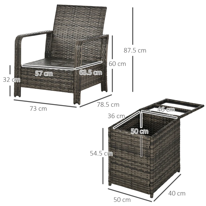 Best 3 Pieces Rattan Bistro Set, Wicker Garden Furniture Set with Storage Coffee Table and Chairs, Thickened Cushions for Outdoor, Patio, Balcony, Grey - Image 3