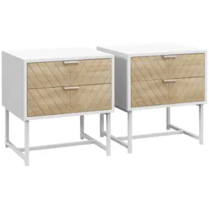Best Modern Bedside Table with 2 Drawers and Metal Frame, Sofa Side Table for Bedroom Living Room, Set of 2, White and Oak
