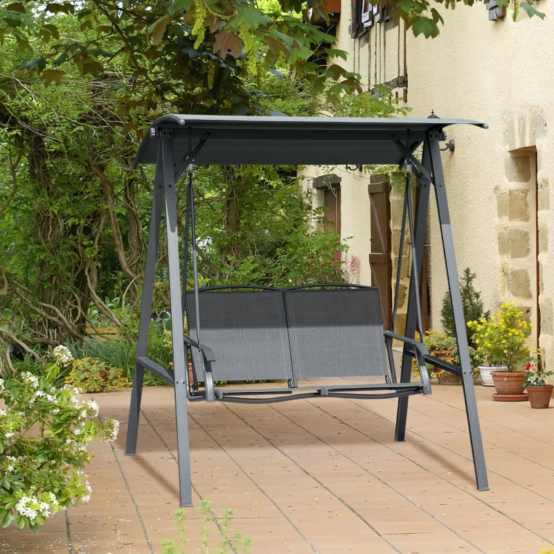 Best 2 Seater Garden Swing Seat Swing Chair, Outdoor Canopy Swing Bench with Adjustable Shade, Metal Frame and Texteline Seat, Dark Grey - Image 2