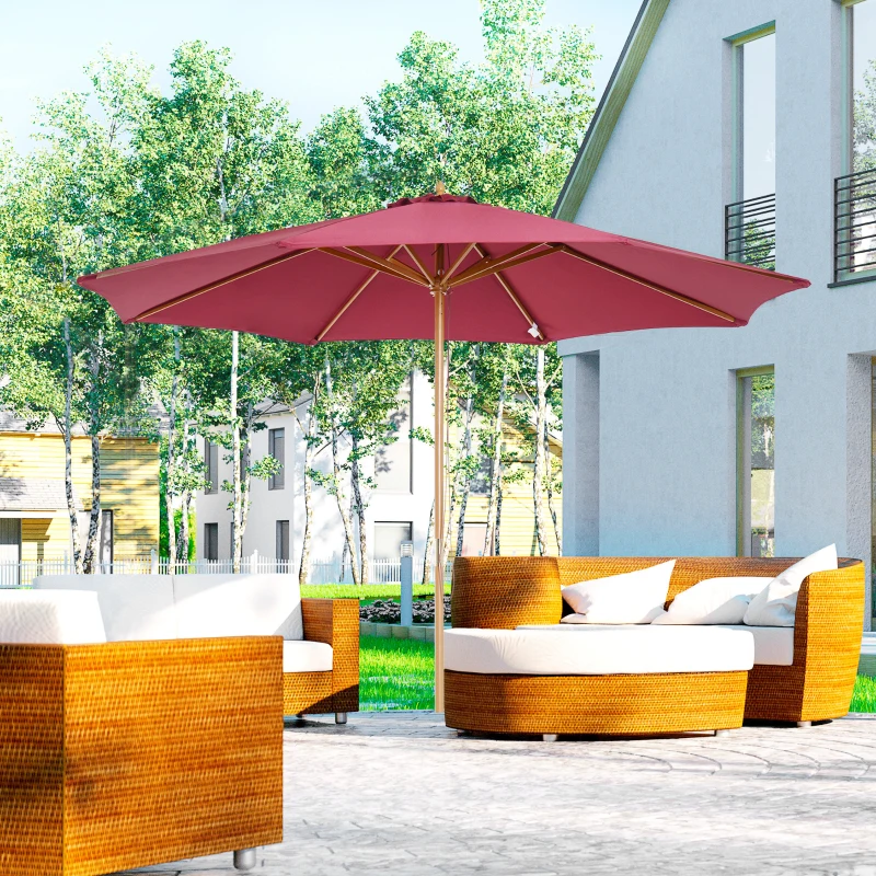 Best 3(m) Garden Parasol, Pulley Operated Patio Umbrella, Wooden Table Market Umbrella with Rope Pulley Mechanism and 8 Ribs, Wine Red - Image 2