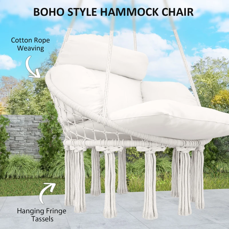 Best Hanging Chair Outdoor Hammock Chair with Soft Cushion, Cotton Rope Boho Style Swing Chair, Hanging Garden Swing Seat for Indoor Outdoor, Cream White - Image 5