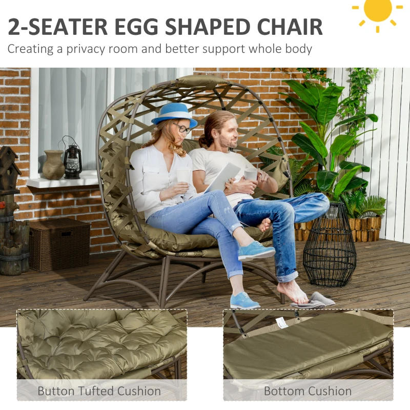 Best 2 Seater Egg Chair Outdoor, Folding Weave Garden Furniture Chair with Cushion, Cup Pockets - Khaki - Image 5
