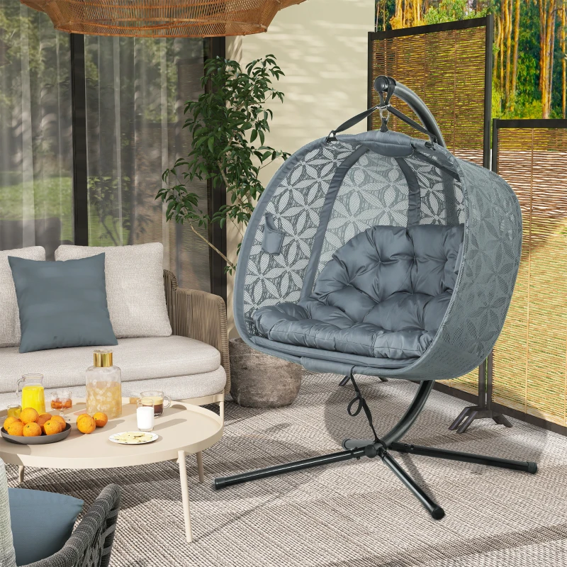 Best Outdoor Double Hanging Chair with Cushion and Cup Holders, Charcoal Grey - Image 2