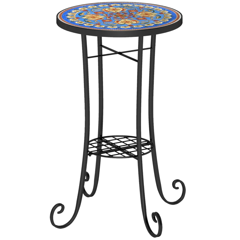 Best Mosaic Garden Table, 35.5 cm Round Outdoor Table with Shelf, Ceramic Tile Top, Small Garden Side Table Bistro Table End Table Plant Stand for Indoor, Patio, Balcony, Blue