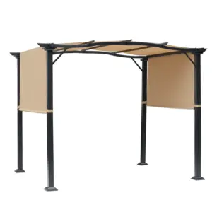 Best Outdoor Retractable Pergola Garden Gazebo with Two Adjustable Side Canopy Overhead Sun Shade Backyard Canopy Cover, Steel Khaki 2.96x2.45x2.3m