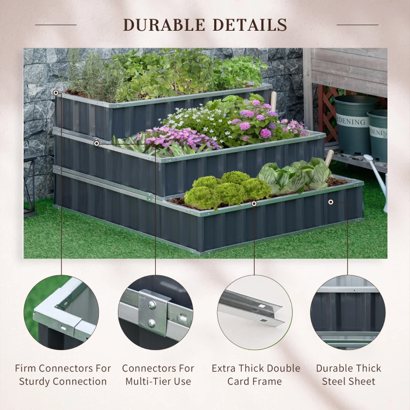 Best 3 Tier Raised Garden Bed, Metal Elevated Planer Box Kit Flower Pot w/ A Pairs of Glove for Garden, Patio to Grow Vegetables, Herbs, Flowers, 118 x 118 x 62 cm, Grey - Image 6