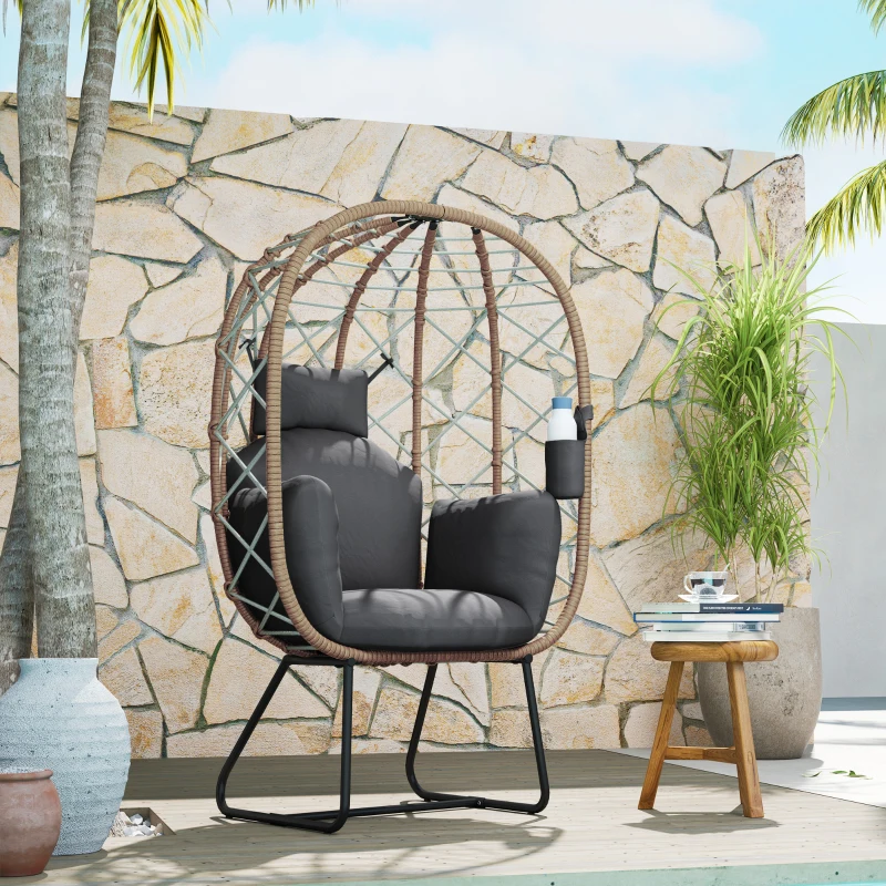 Best Rattan Egg Chair Outdoor Indoor Wicker Chair with Thickened Cushion and Headrest, Standing Garden Egg Chair with Cup Holder, Metal Frame for Patio, Balcony, Brown - Image 8
