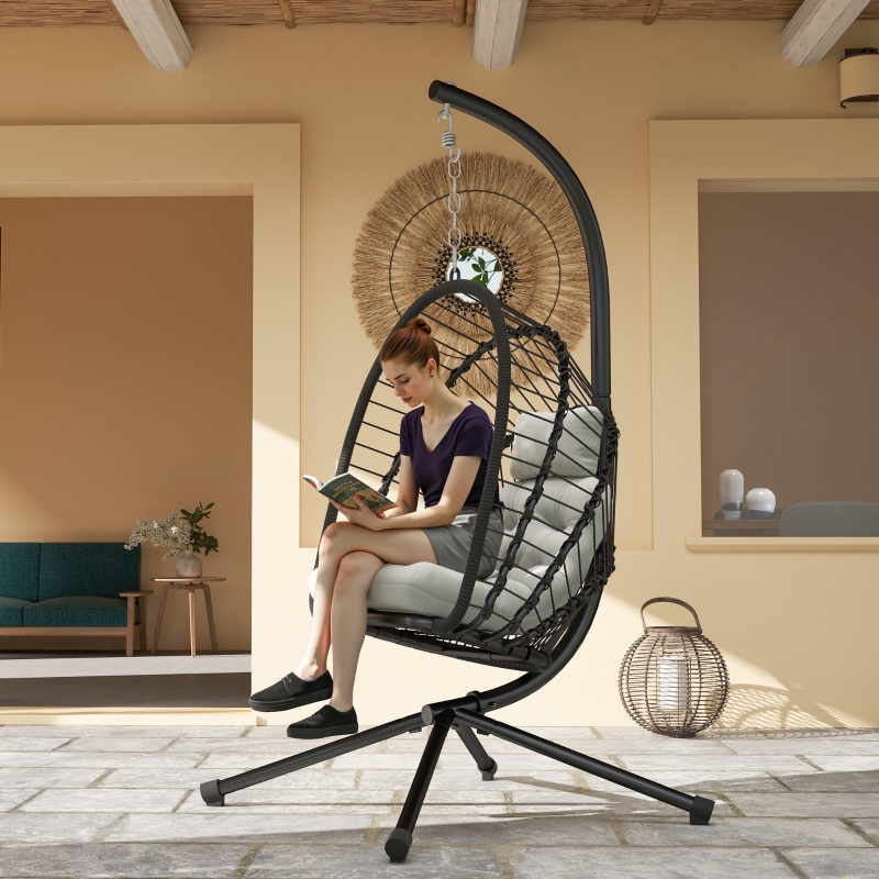 Best Outdoor PE Rattan Swing Chair with Foldable Basket and Cushion, Garden Patio Hanging Egg Chair with Metal Stand, Headrest for Indoor and Outdoor, Black - Image 10