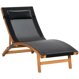 Best Ergonomic Patio Lounge Chair Wooden Outdoor Chaise w/ 3 Adjustable Back and Removable Headrest Pillow for Garden Black