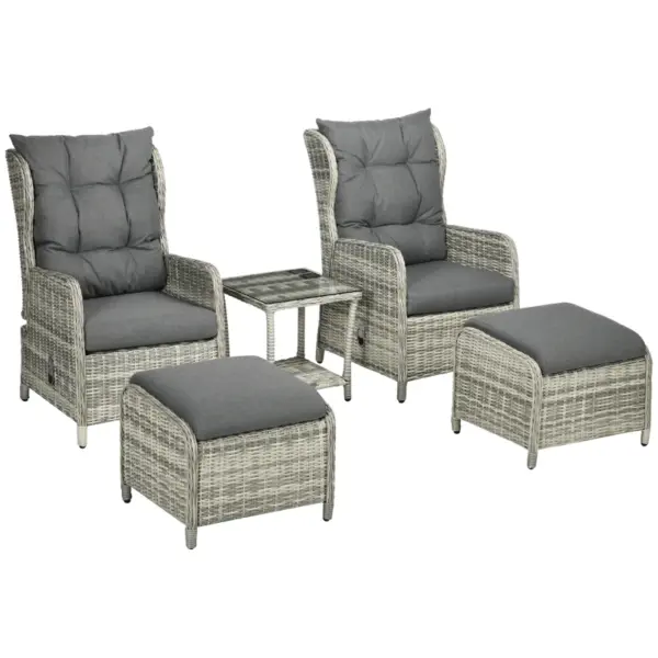 Best 5 Pieces Rattan Bistro Set with Adjustable Back, Reclining Wicker Balcony Furniture with Cushions, Glass Top Coffee Table and Footstools, Outdoor Table and Chairs, Grey