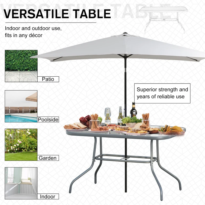 Best Garden Dining Table Glass Top Metal Frame with Parasol Hole Outdoor Balcony Grey 140L x 80Wcm - Image 4