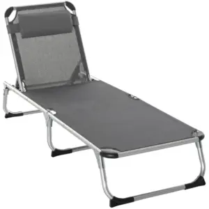 Best Foldable Outdoor Sun Lounger, Reclining Lounge Chair Camping Bed Cot with Pillow 4-Level Adjustable Back Aluminium Frame, Dark Grey