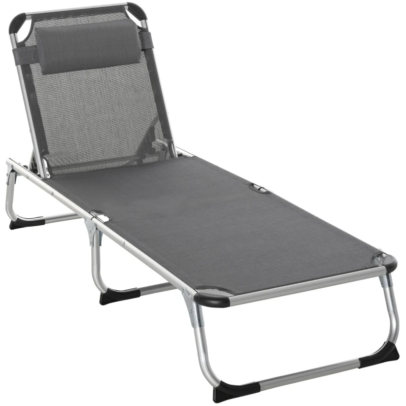 Best Foldable Outdoor Sun Lounger, Reclining Lounge Chair Camping Bed Cot with Pillow 4-Level Adjustable Back Aluminium Frame, Dark Grey