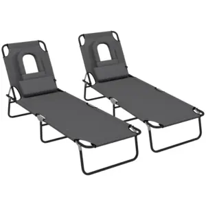 Best Outdoor Folding Sun Lounger Set of 2 with Face Hole, 4 Level Adjustable Backrest Reclining Garden Lounger, Garden Recliner Sunbed with 600 D Oxford Cloth Seat and Pillow for Beach, Dark Grey