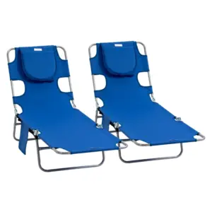 Best 2 Pieces Foldable Sun Lounger with Reading Hole, Portable Sun Lounger with 5 Level Adjustable Backrest, Reclining Lounge Chair with Side Pocket, Headrest Pillow, Blue