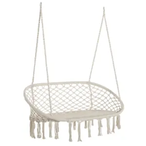 Best Hanging Hammock Chair Cotton Rope Porch Swing with Metal Frame, Large Macrame Seat for Patio, Garden, Bedroom, Living Room, Cream White