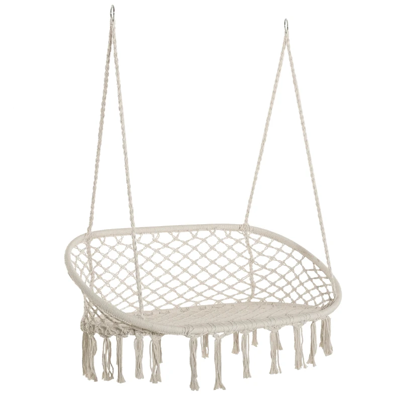 Best Hanging Hammock Chair Cotton Rope Porch Swing with Metal Frame, Large Macrame Seat for Patio, Garden, Bedroom, Living Room, Cream White