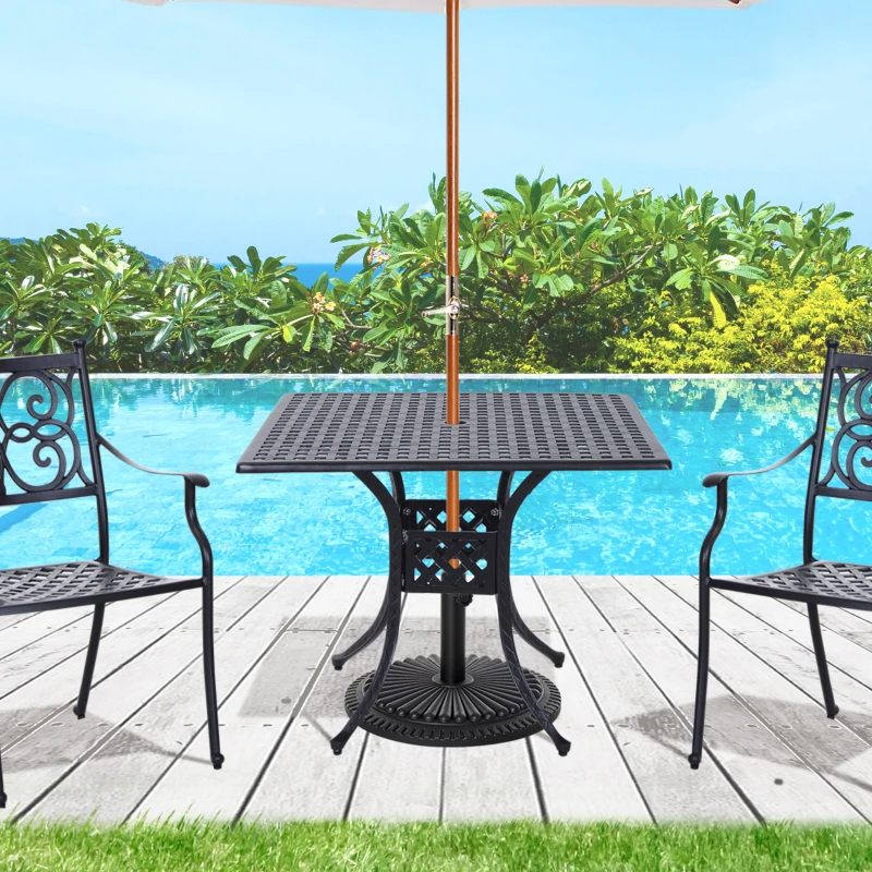 Best 90cm Square Garden Table with Umbrella Hole, Aluminium Grid Motif Outdoor Dining Table for Garden Patio, Black - Image 2