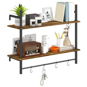 Best Wall Mounted Floating Shelves with 4 Hooks, Rustic Wall Shelf Unit for Living Room, Entryway, Rustic Brown