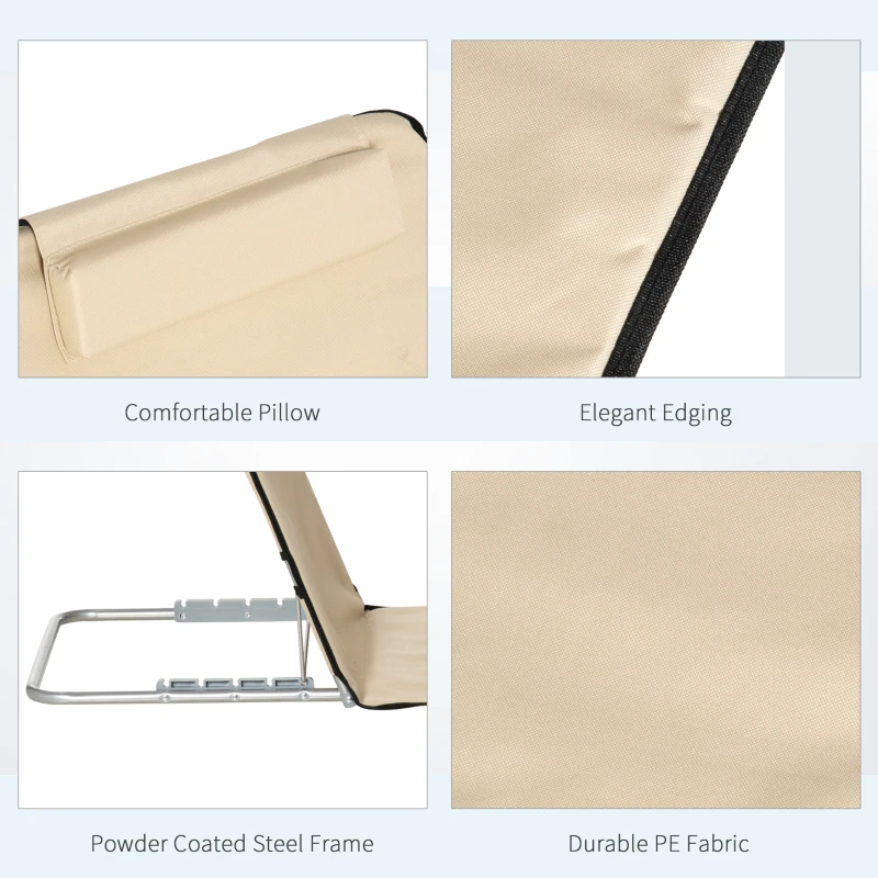 Best Set of 2 Foldable Garden Beach Chair Mat Lightweight Outdoor Sun Lounger Seats Adjustable Back Metal Frame PE Fabric Head Pillow w/ Carry Bag, Beige - Image 7