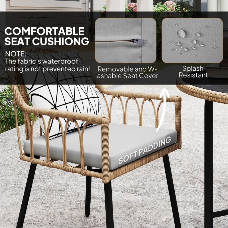 Best 5 Piece Patio Rattan Dining Set, Wicker Garden Table and Chairs w/ Removable Seat & Back Cushions, Round Tempered Glass Tabletop, Parasol Hole, Outdoor Furniture Conservatory Set, Light Brown - Image 5