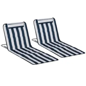 Best Set of 2 Foldable Garden Beach Chair Mat Lightweight Outdoor Sun Lounger Seats Adjustable Back Metal Frame PE Fabric Head Pillow w/ Carry Bag, Blue