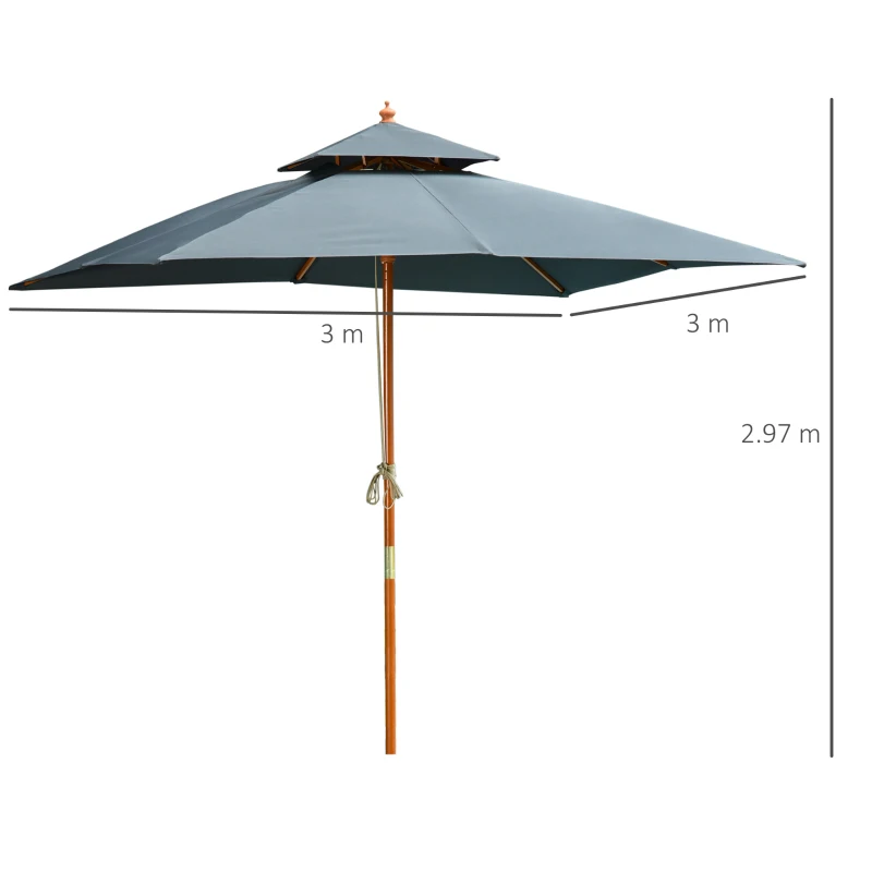 Best 3 x 3 metre Patio Parasol Garden Umbrellas Sunshade Outdoor Wooden Parasol Canopy Double Tier, Dark Grey, BASE NOT INCLUDED - Image 3