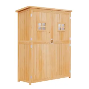 Best Wooden Garden Shed with Two Windows, Tool Storage Cabinet, Outdoor Double Door Organizer 127.5L x 50W x 164H cm, Natural