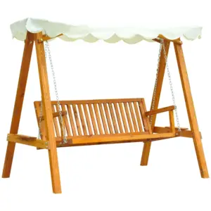 Best 3 Seater Garden Swing Seat with Canopy, Wooden Swing Chair, Outdoor Hammock Bench for Balcony Patio Porch, Cream White