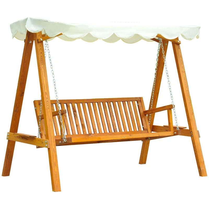 Best 3 Seater Garden Swing Seat with Canopy, Wooden Swing Chair, Outdoor Hammock Bench for Balcony Patio Porch, Cream White