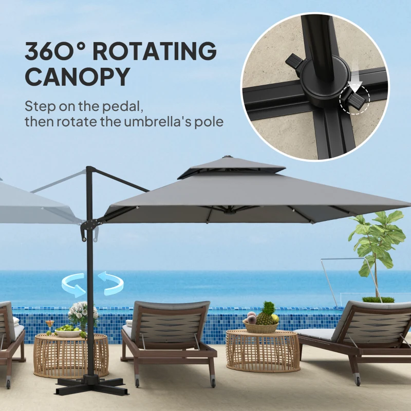 Best 3 x 3(m) Cantilever Parasol with Aluminium Frame, Crank and Tilt, 360° Rotation, Double Top Garden Umbrella with Base and Cover, Light Grey - Image 4